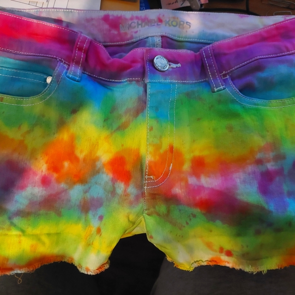Michael Kors Rainbow Tie Dye Cut Off Jean Shorts